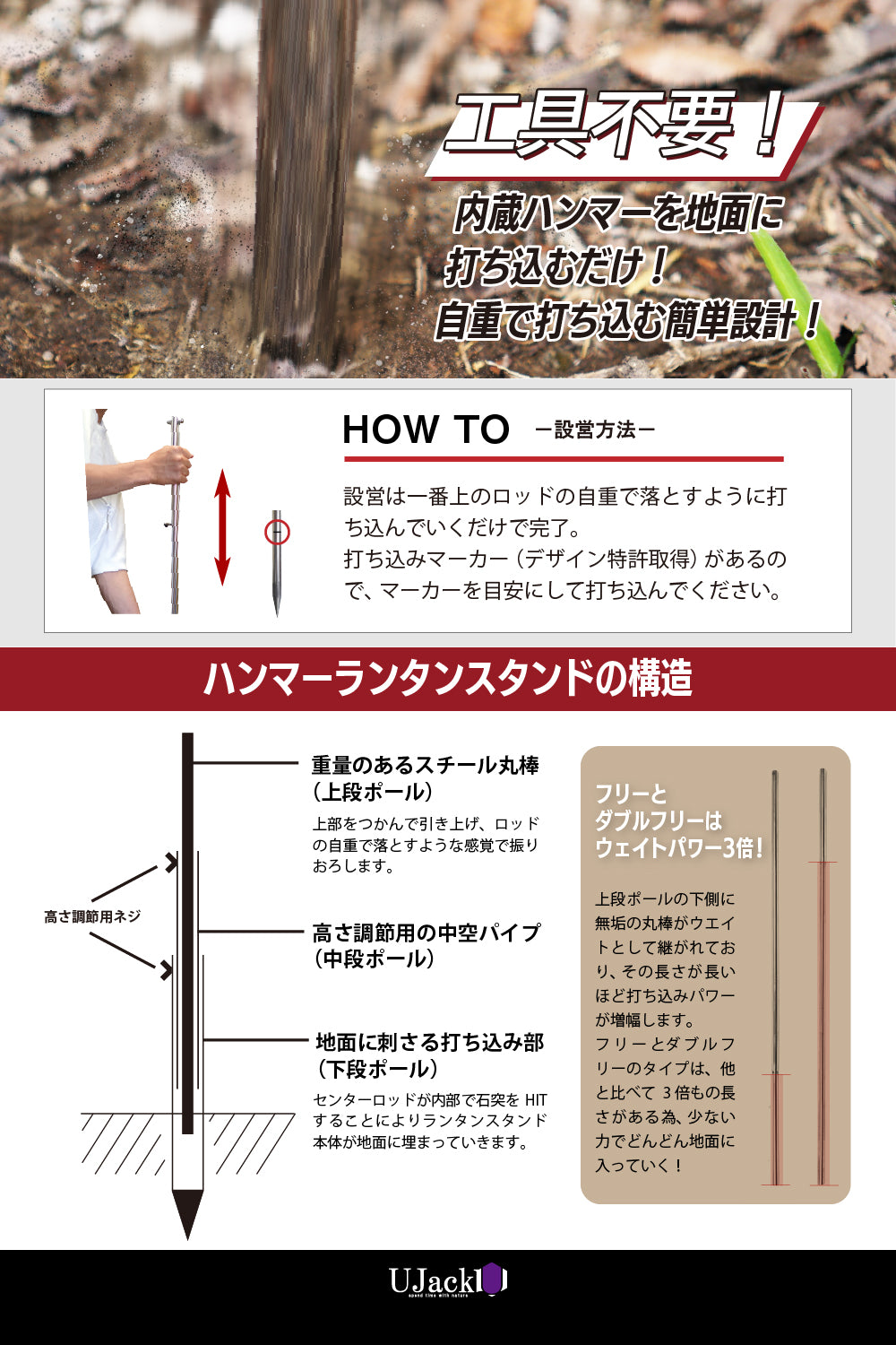 ハンマーランタンスタンド ステンレス製 収納ケース付き 高さ